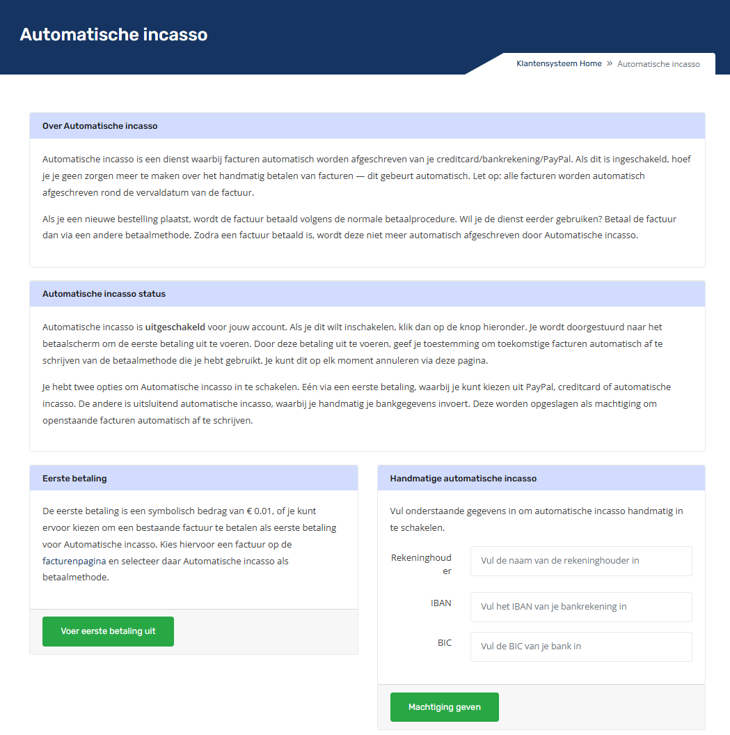 Voorbeeld van het instellen van automatische incasso