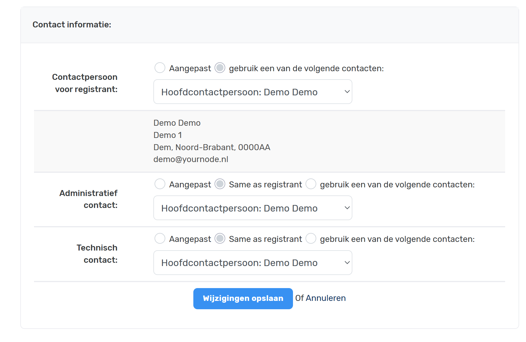 Domein contactinformatie voorbeeld