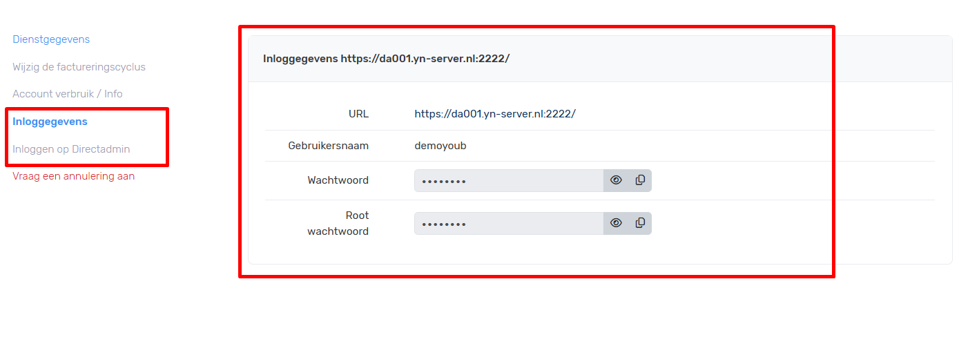 Inloggegevens DirectAdmin via Mijn YourNode