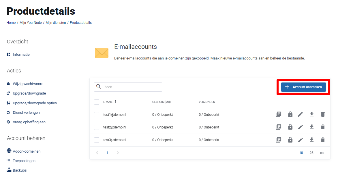 Overzicht e-mailaccounts in Mijn YourNode